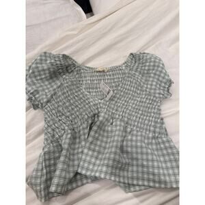 PacSun la hearts smocked flowy green and white plaid blouse top new with tags